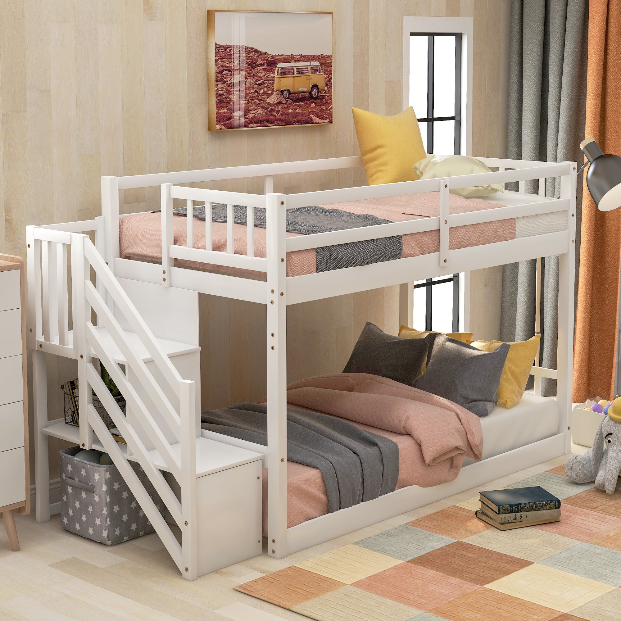 Euroco Wood Twin Over Twin Floor Bunk Bed with Stairs for Kids Room, White, image size:2000x2000