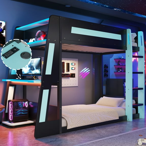 Euroco Wood Twin over Twin Size Bunk Bed with Shelves, Gaming Bed with Desk, USB Charging and LED Light, Black&Blue