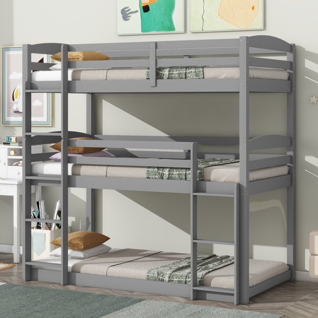 Euroco Wood Twin over Twin over Twin Bunk Bed, Triple 3in1 Bed
