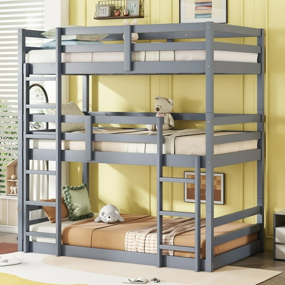 Euroco Wood Twin over Twin over Twin Triple Bunk Bed with Ladder for Kids Teens Bedroom, Gray
