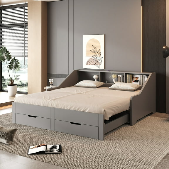 Euroco Wood Twin to King Size Captain Bed with Trundle and Drawers, Storage Platform Bed with Bookcase and USB Charging Station, Gray