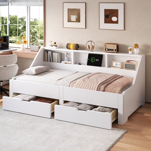 Euroco Wood Twin to King Size Captain Bed with Trundle and Drawers, Storage Platform Bed with Bookcase and USB Charging Station, White