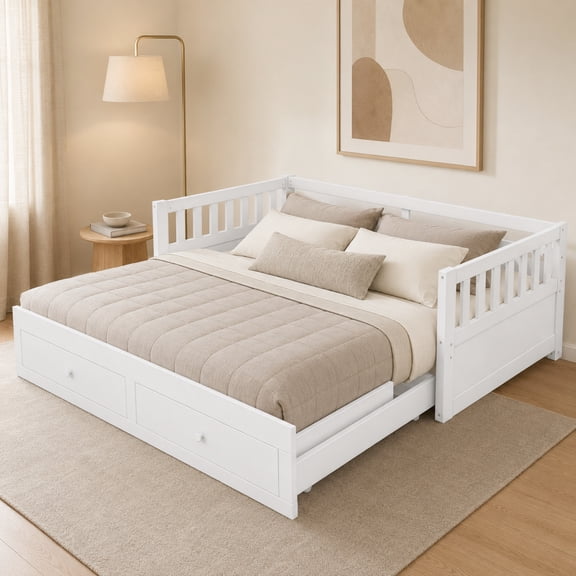 Euroco Wood Twin to King Size Daybed with Pull-out Trundle, Convertible Bed Frame with Drawers, No Box Spring Needed, White