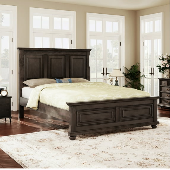 Euroco Wood Vintage King Size Platform Bed, Traditional Town and Country Style, Rich Brown