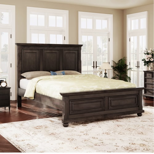 Euroco Wood Vintage Queen Size Platform Bed, Traditional Town and Country Style, Rich Brown