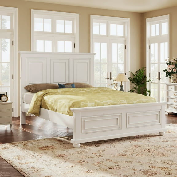 Euroco Wood Vintage Queen Size Platform Bed, Traditional Town and Country Style, White