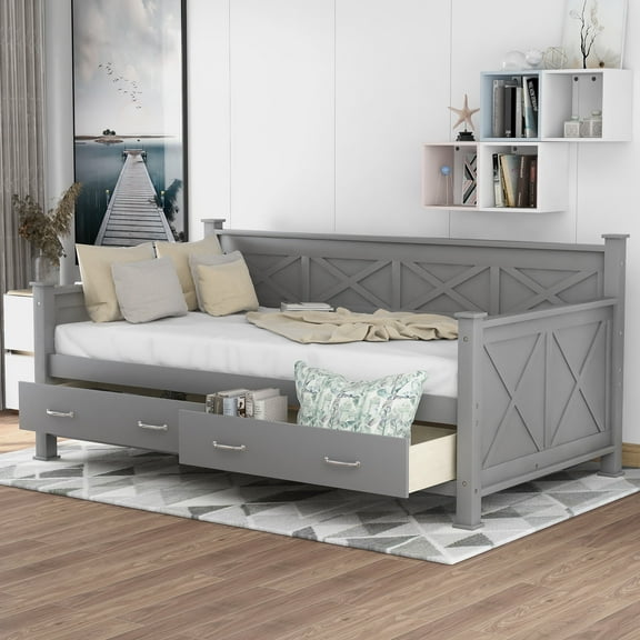 Euroco Wood X-Shaped Twin Daybed with Two Storage Drawers for Bedroom, Gray