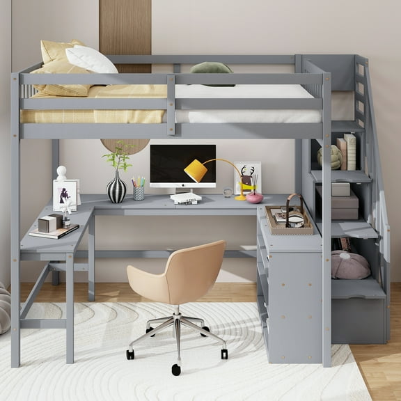 Euroco Wooden 2 Tiers 3 Drawers Loft Bed with Desk, Shelf and Storage, Gray
