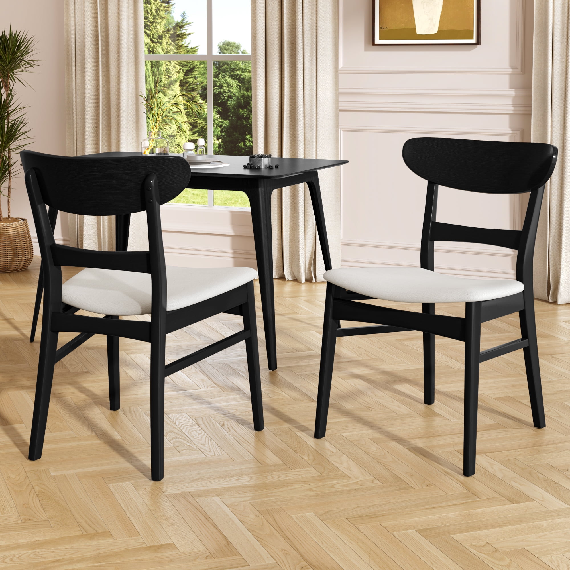 Euroco Wooden Dining Chairs Set of 2, Mid Century Modern Upholstered Kitchen Side Chairs with Curved Backrest,Dining Room Chair for Home,Light Beige