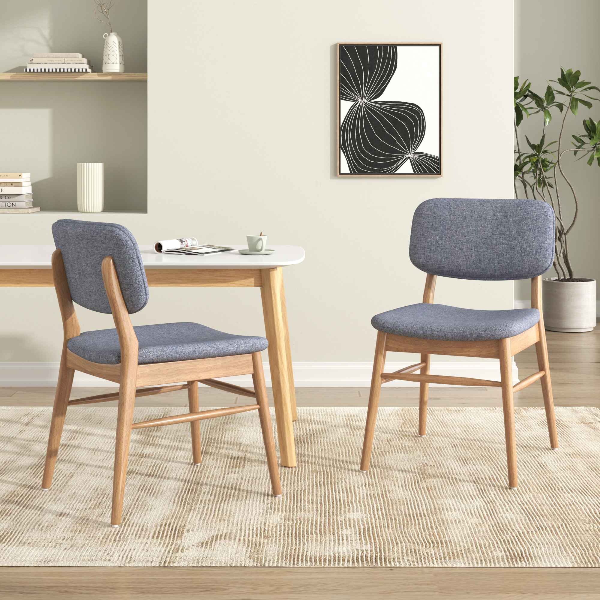 Euroco Wooden Dining Chairs Set of 2, Mid-Century Modern Upholstered Kitchen Side Chairs with Rubberwood Frame for Home,Natural+Grey