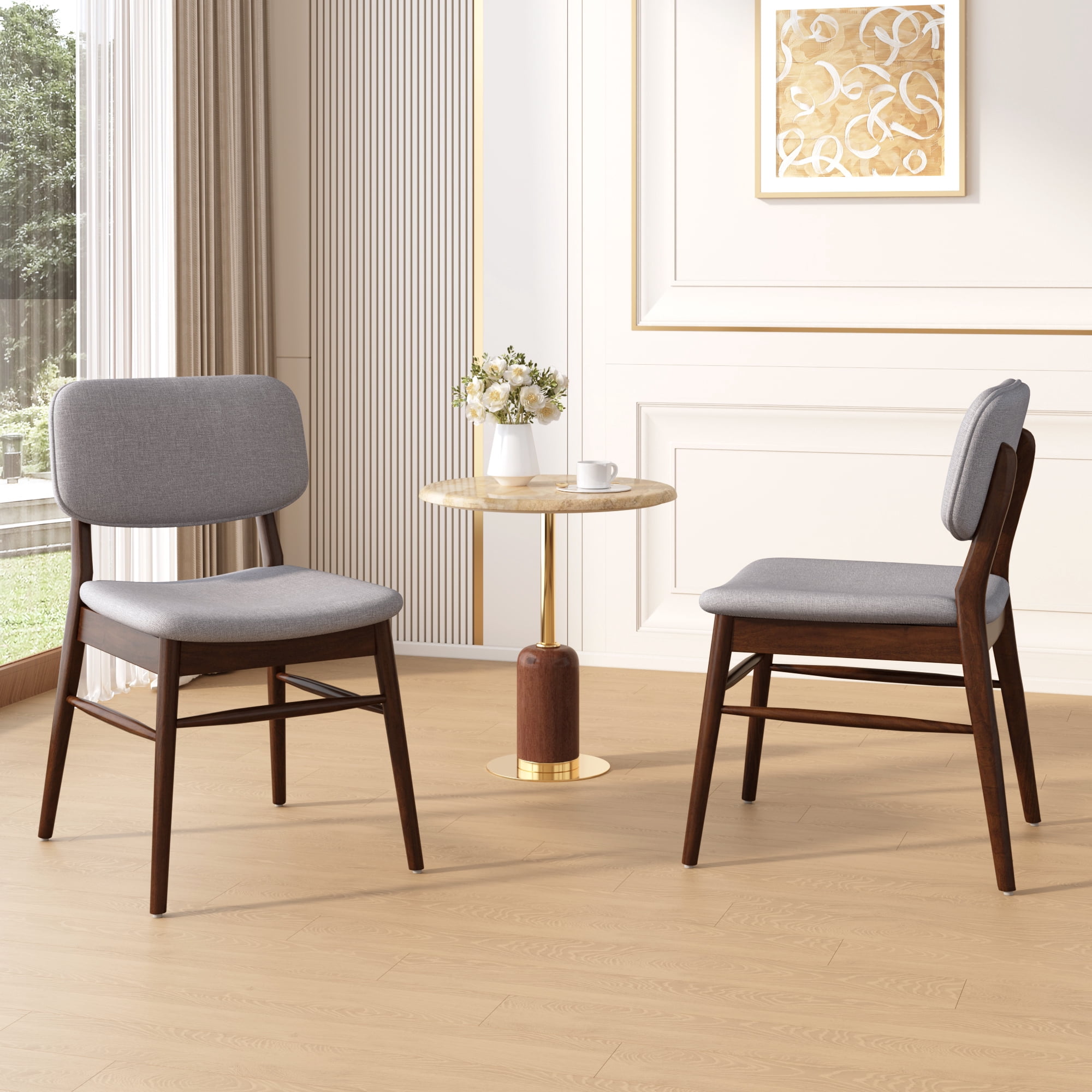 Euroco Wooden Dining Chairs Set of 2, Mid-Century Modern Upholstered Kitchen Side Chairs with Rubberwood Frame for Home,Walnut+Light Gray