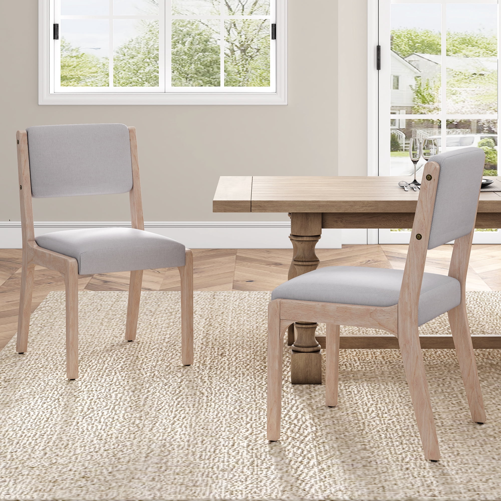 Euroco Wooden Dining Chairs Set of 2, Modern Farmhouse Fabric Upholstered Kitchen Side Chairs with Padded Seat for Dining Room,Beige