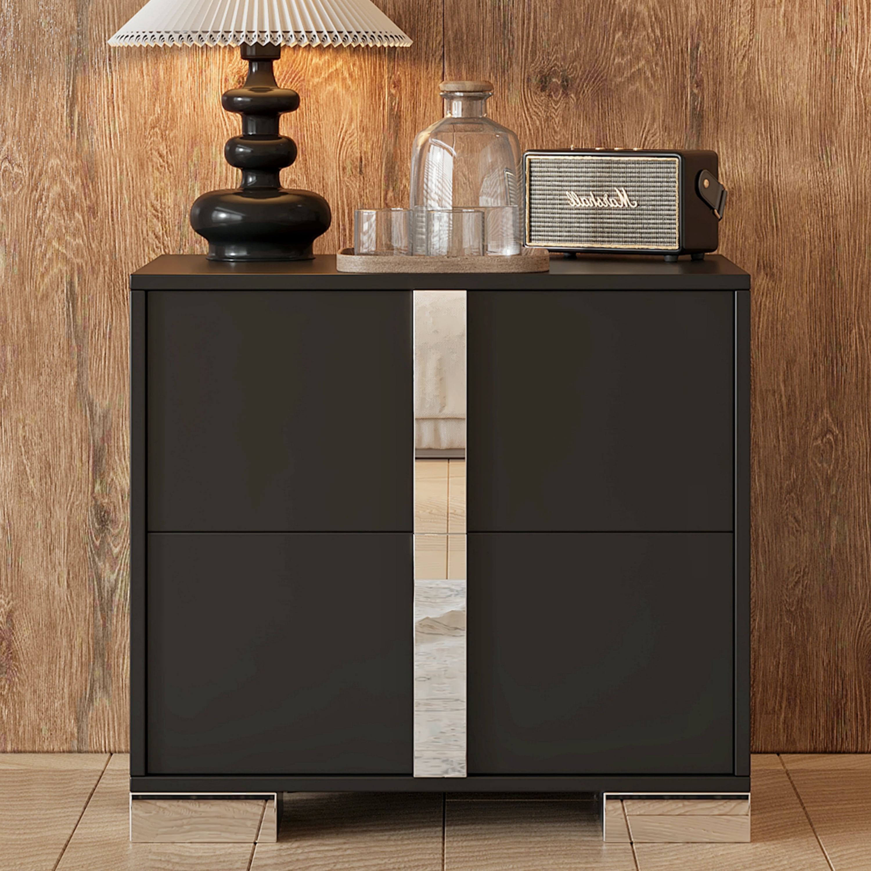 Euroco Wooden Nightstand with 2 Drawers & Metal Foot,Mirrored Bedside Table for Bedroom, Living Room,Black