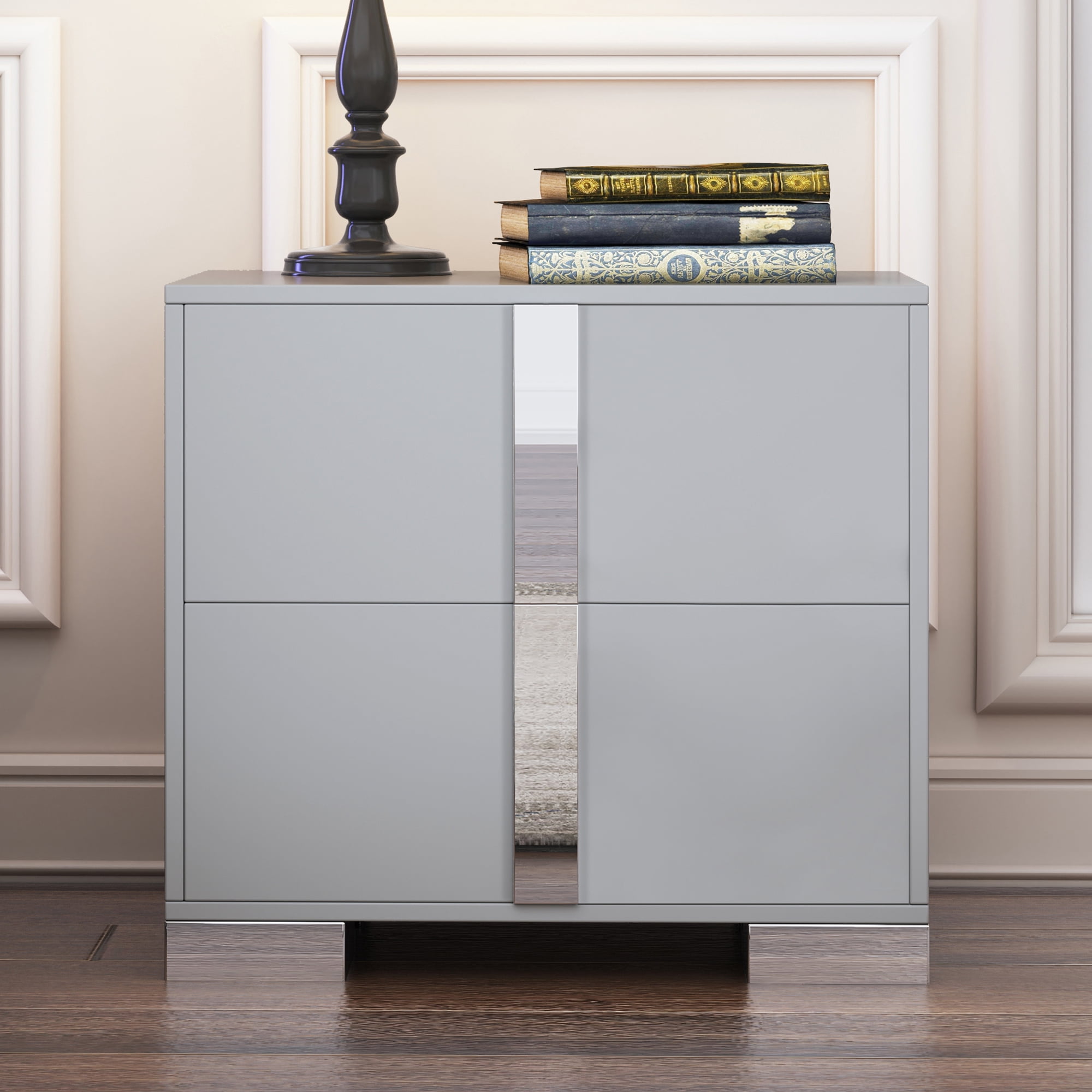 Euroco Wooden Nightstand with 2 Drawers & Metal Foot,Mirrored Bedside Table for Bedroom, Living Room,Gray