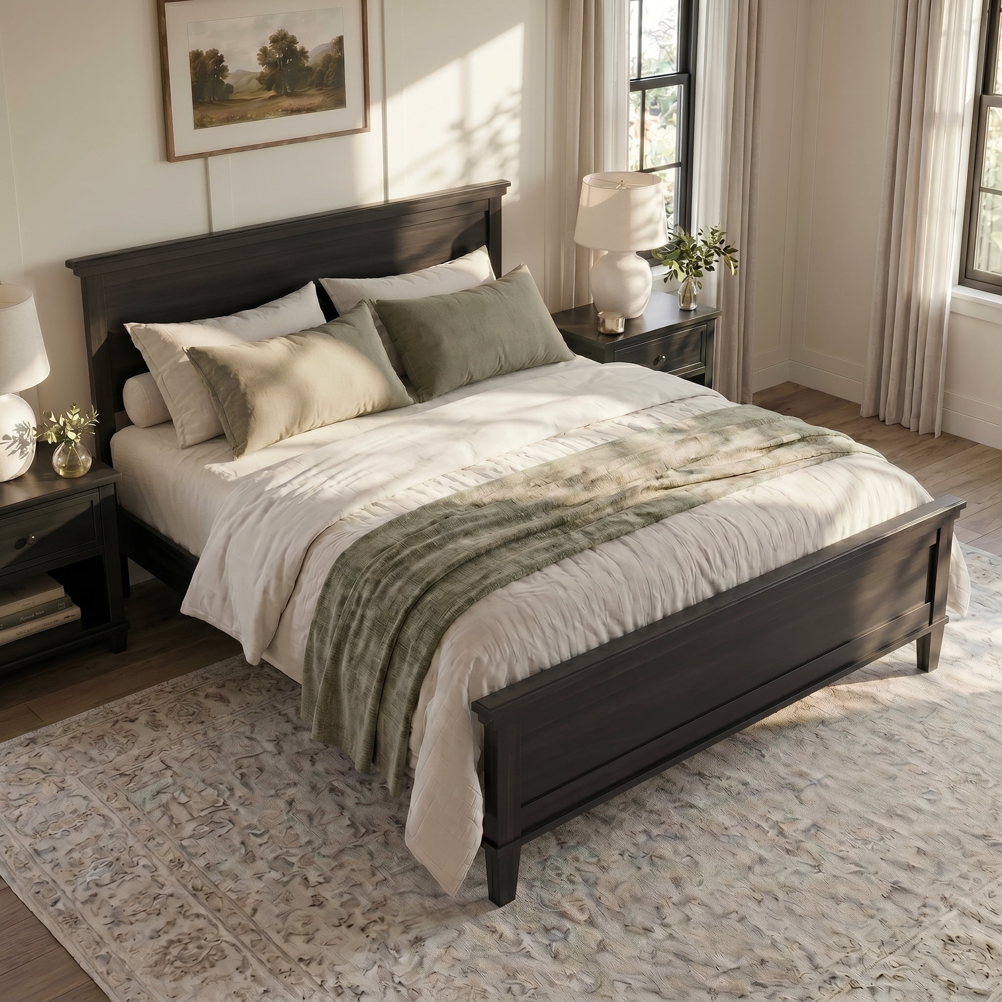 Euroco Wooden Queen Size Mid-Century Platform Bed, Charcoal Black