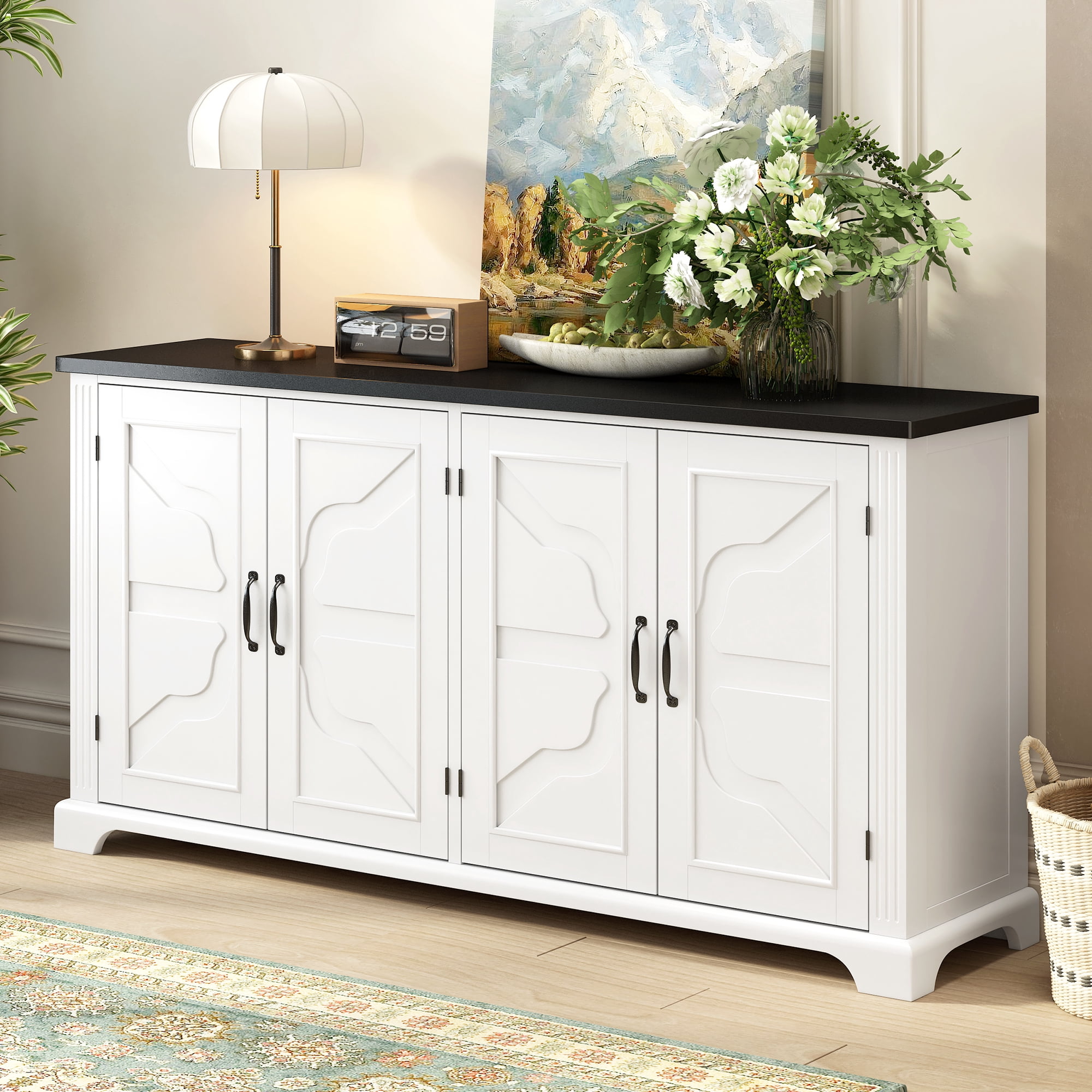 Euroco Wooden Sideboard Buffet Cabinet,62.8" Large Kitchen Storage Cabinet with Metal Handles for Kitchen Living Room,White