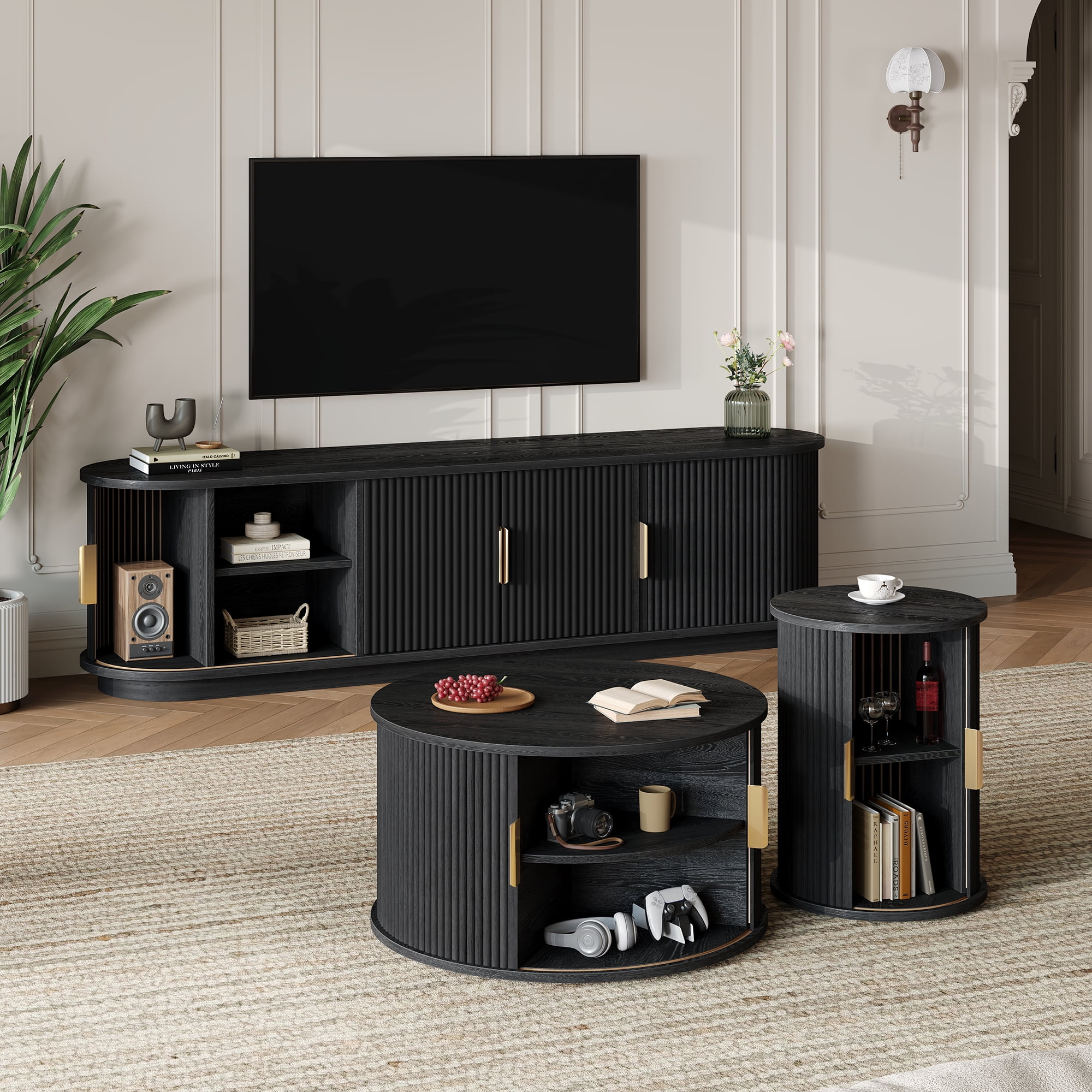 Euroco Wooden TV Stand & Coffee Table Set with Fluted Sliding Doors for — free download