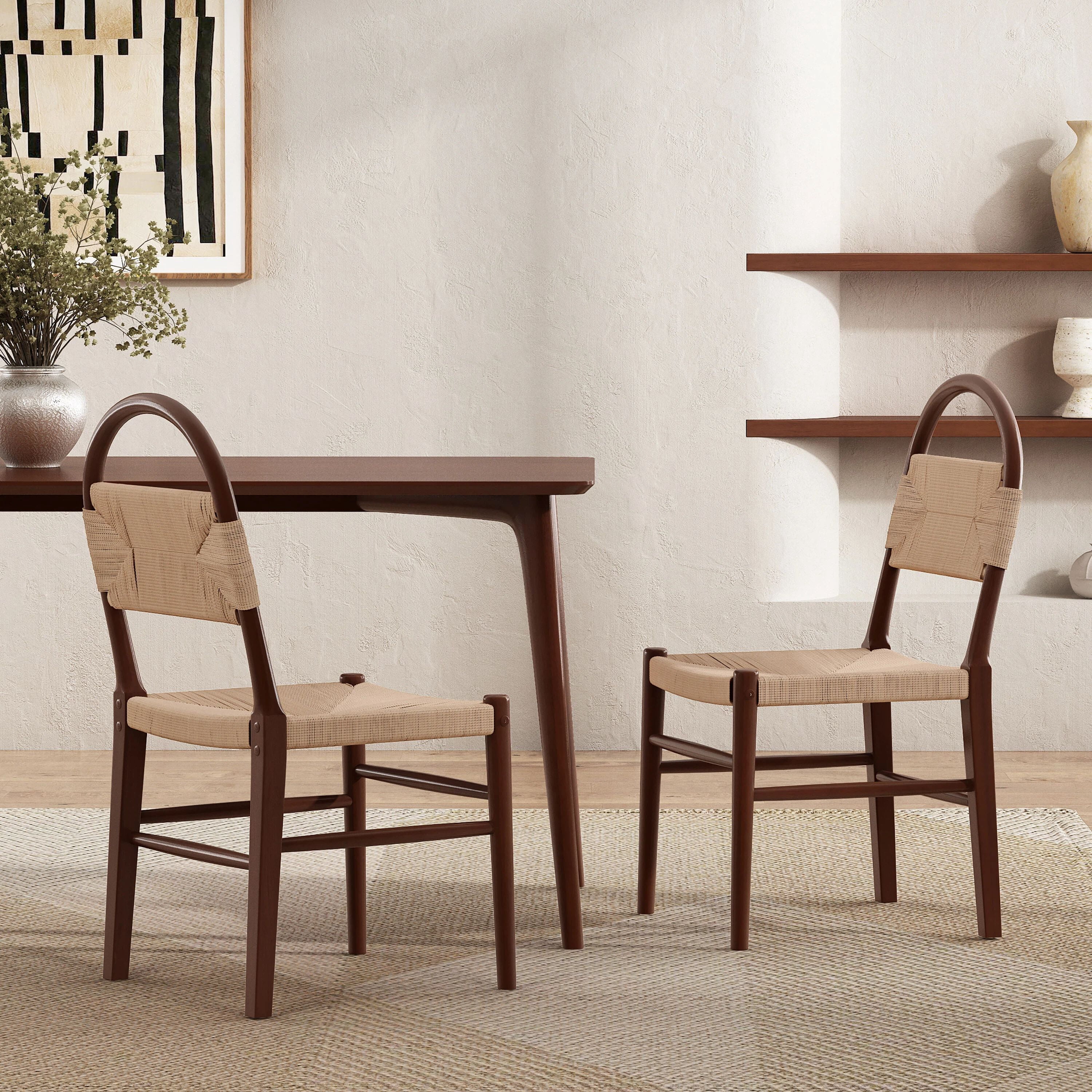 Euroco Woven Dining Chairs Set of 2, Mid Century Modern Kitchen Accent Chairs with Wood Legs, Armless Side Chair for Home Bar/Restaurant/Dining Room,Walnut