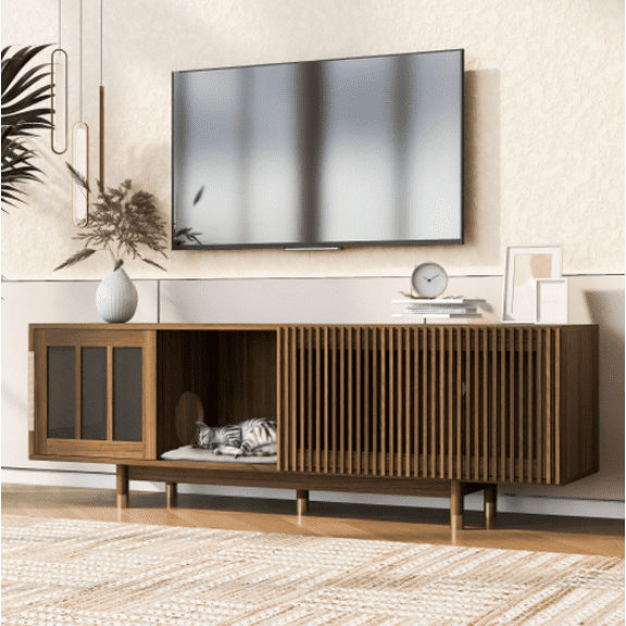 Euroco modern style Walnut TV STAND Cat house pet friendly With Sliding door flip-down