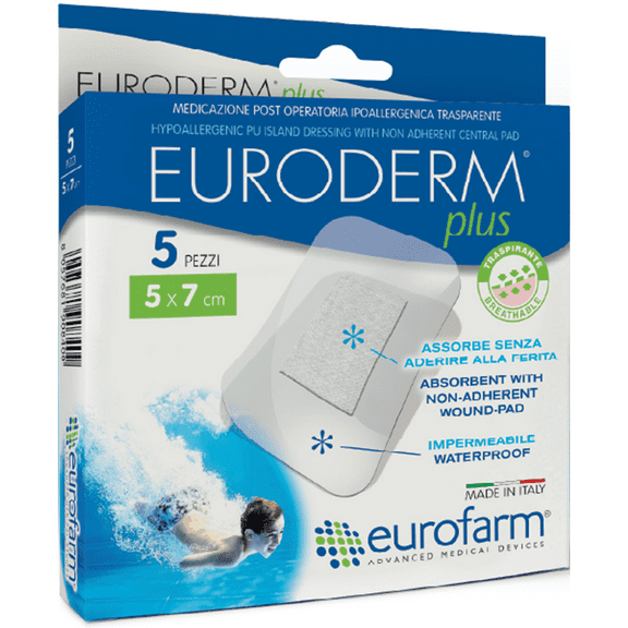 Euroderm Plus - 4 x 4 in - Clear Polyurethane Adhesive Island Wound Dressing,Waterproof,Bacteria Proof,with an Absorbent,Non-Stick Central Pad?(5 pcs)