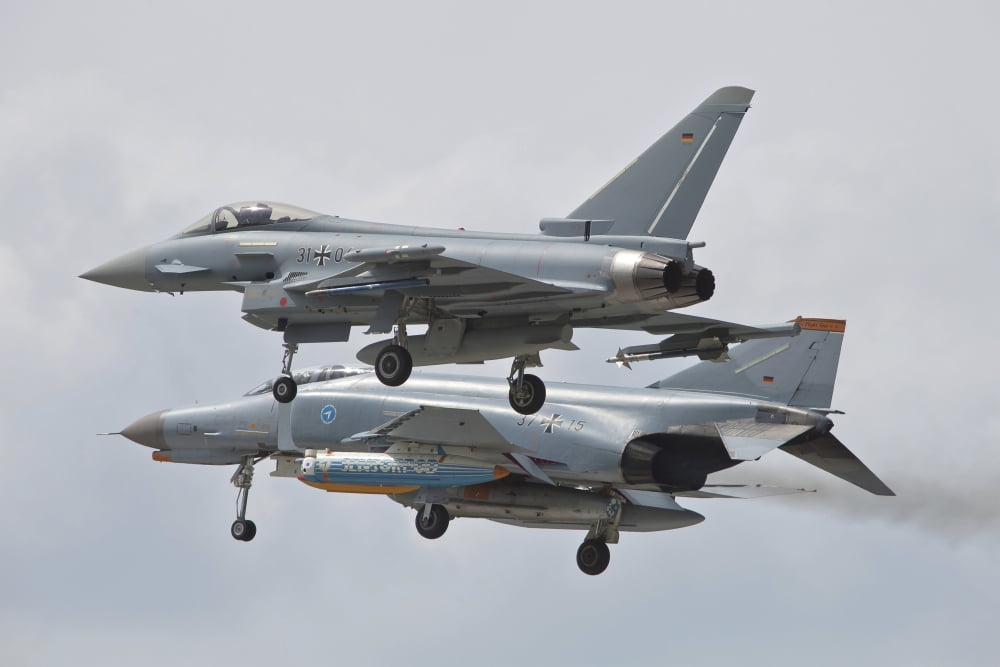 Eurofighter Typhoon and its predecessor the F-4F Phantom Canvas Art - Timm ZiegenthalerStocktrek Images (18 x 12)