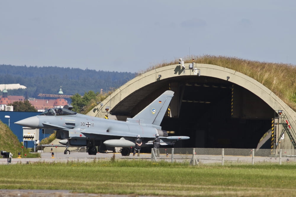 Eurofighter Typhoon of the German Air Force with live IRIS-T missiles Canvas Art - Timm ZiegenthalerStocktrek Images (35 x 23)