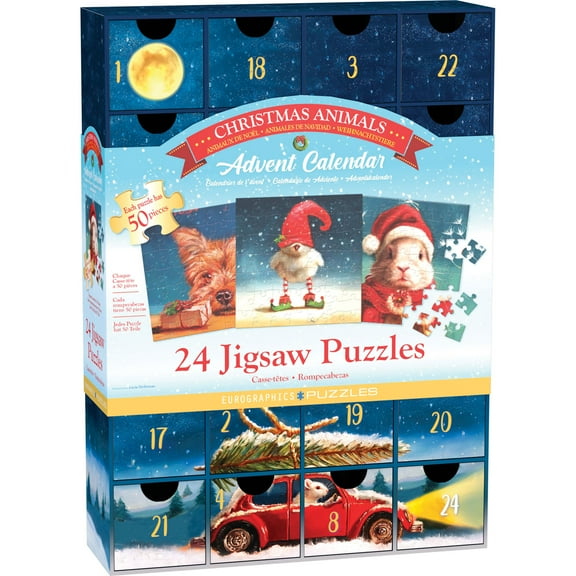 Eurographics: Puzzle Advent Calendar: Christmas Animals - 24 Daily Unique Individual Jigsaws, 5 x 5" 50pc Each, 1200pcs Total, Holiday Countdown Gift