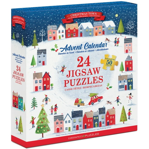 Eurographics: Puzzle Advent Calendar: Christmas Town - 24 Daily Unique Individual Jigsaws, 5 x 5" 50pc Each, 1200pcs Total, Holiday Countdown Gift
