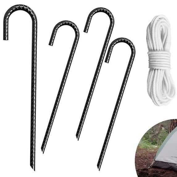 Euromax 12 inch Galvanized Rebar Stakes Heavy Duty J Hook Tent Stakes Ground Anchors for Trampoline, Canopy, Fence, Pack of 4(Black)