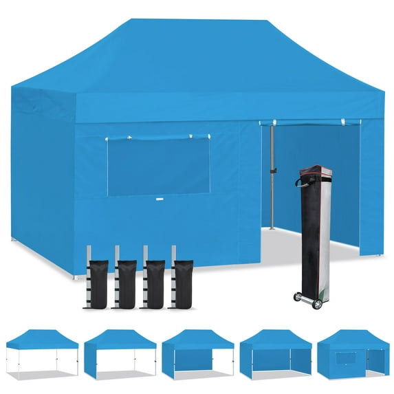 Eurmax USA 10'x15' Pop Up Canopy Tent with Heavy Duty Roller Bag,Bonus 4 Sand Weights Bags(Light Blue)