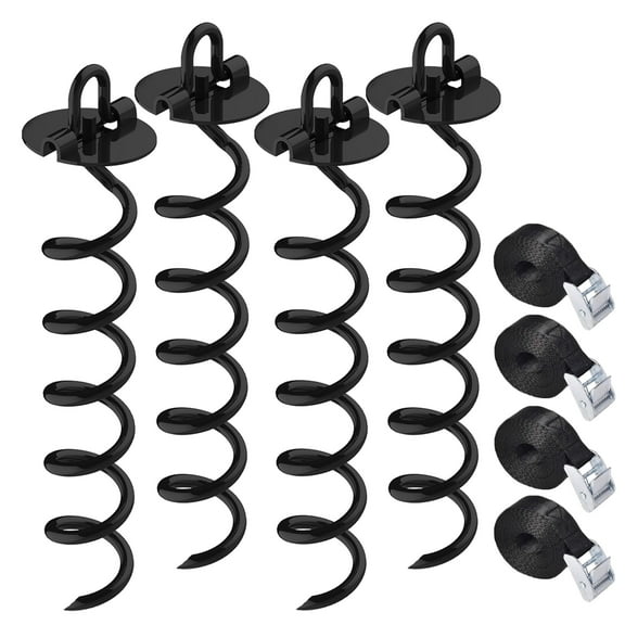 Euromax USA Tie Down Stakes 4-Pc Spiral tie down anchor kit Bonus Straps,Black