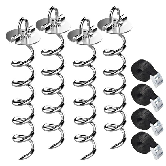Euromax USA Tie Down Stakes 4-Pc Spiral tie down anchor kit Bonus Straps,Silver