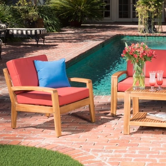 Europa Outdoor 4 Piece Acacia Wood Chat Set with Cushions, Teak, Red