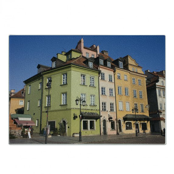 Europe Cutting Board, Poland Historical Colorful Apartments Exterior Photo, Decorative Tempered Glass Cutting and Serving Board, in 3 Sizes, by Ambesonne