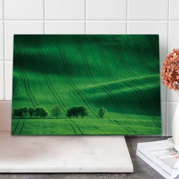 Europe Cutting Board, Rolling Sunny Hills with Meadow Fields and Trees Southern Moravia, Czech Republic Print, Decorative Tempered Glass Cutting and Serving Board, Large Size, Emerald, by Ambesonne