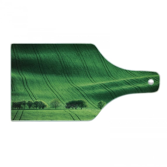 Europe Cutting Board, Rolling Sunny Hills with Meadow Fields and Trees Southern Moravia, Czech Republic Print, Tempered Glass Cutting and Serving Board, Wine Bottle Shape, Emerald, by Ambesonne