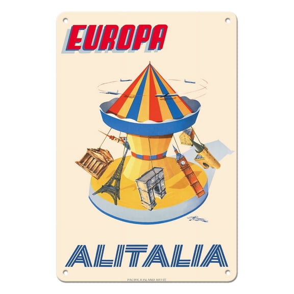 Europe (Europa) - Carousel with Eiffel Tower Big Ben - Alitalia - Vintage Airline Travel Poster by Amieto Fiore c.1956 - 8 x 12 inch Vintage Metal Tin Sign