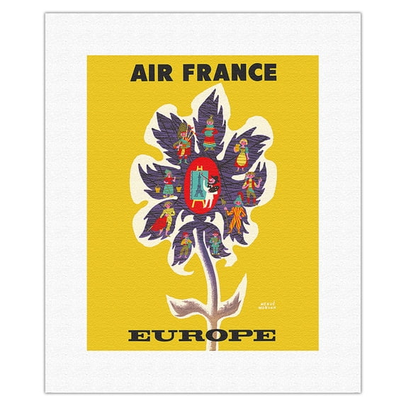 Europe - European Flower - France Germany Switzerland Rome Scotland - Vintage Airline Travel Poster by Hervé Morvan c.1956 - Fine Art Rolled Canvas Print 11in x 14in