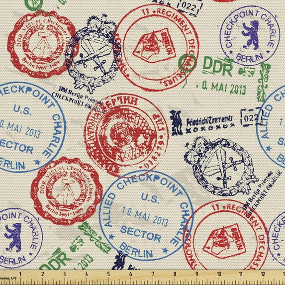 Ambesonne Europe Fabric by the Yard Upholstery, Colorful Passport Stamps, 1 Yard, Multicolor