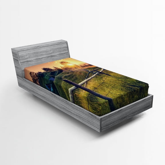 Ambesonne European Fitted Sheet, Morning Sunbeams Sky, Twin XL Size, Fern Green Yellow