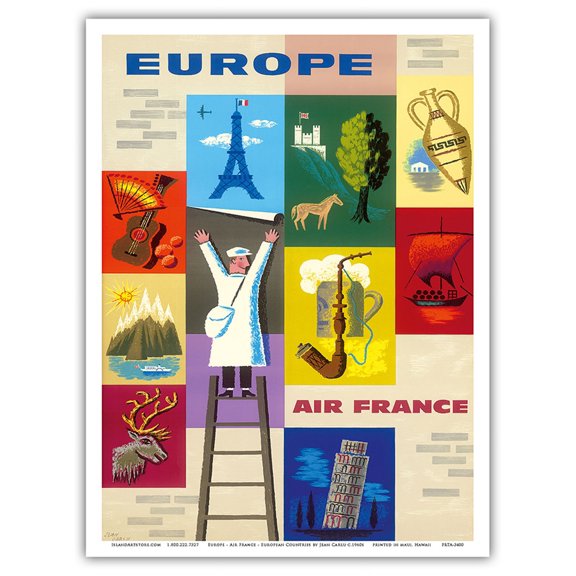 Europe - France - Icons of the European Countries - Vintage Airline Travel Poster by Jean Carlu c.1960 - Master Art Print (Unframed) 9in x 12in