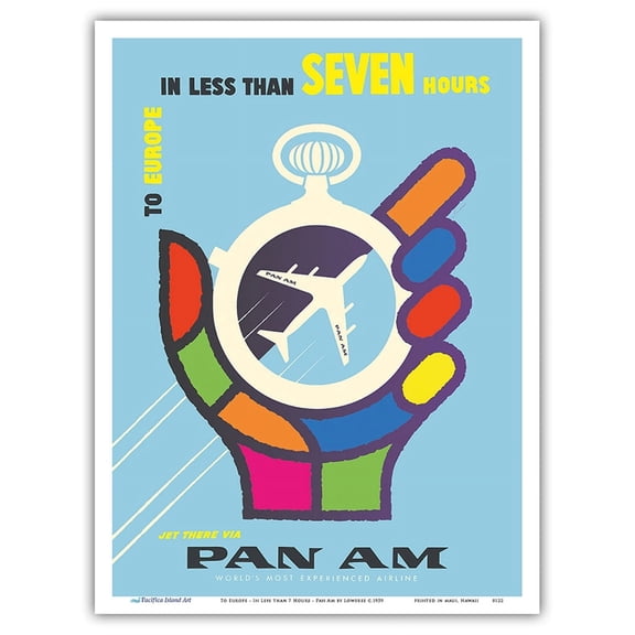 To Europe - In Less than 7 Hours - Pan American World Airways - Vintage Airline Travel Poster by Loweree c.1959 - Master Art Print (Unframed) 9in x 12in