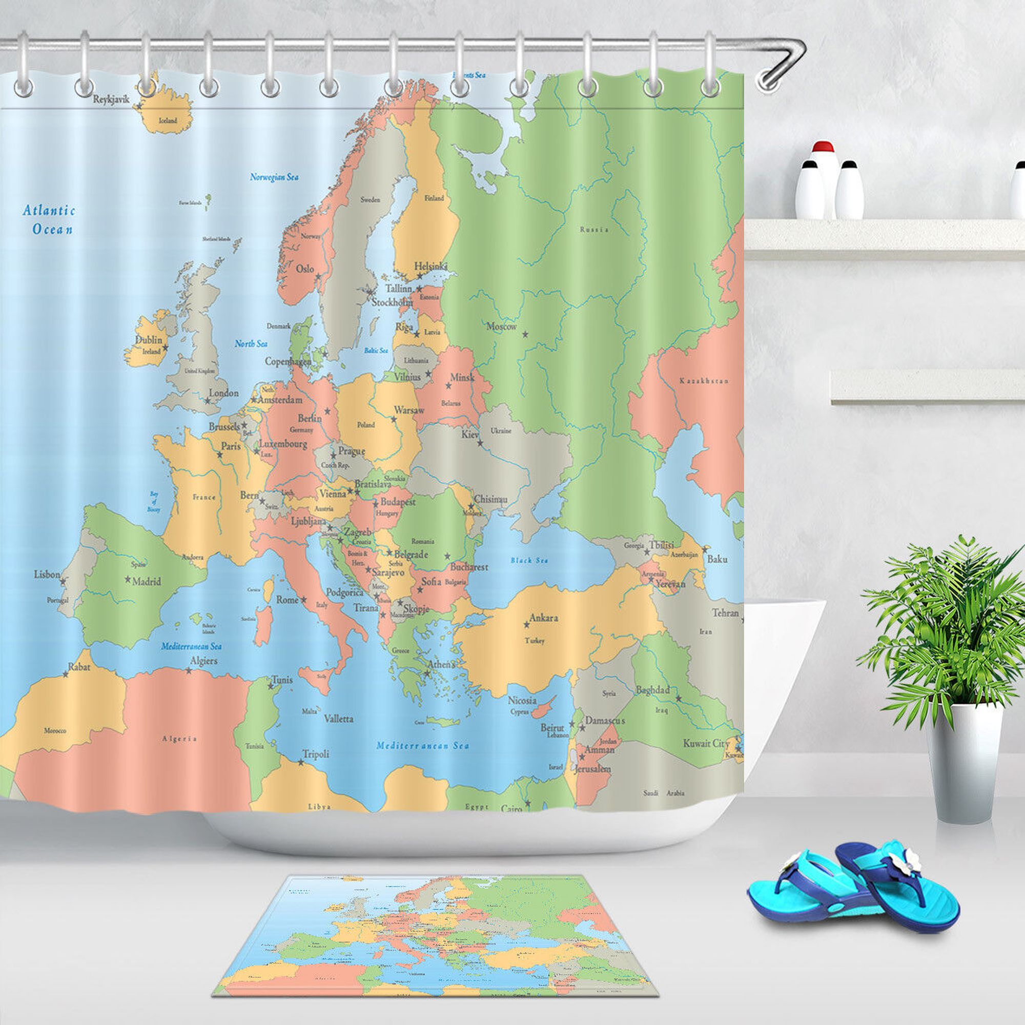 Europe Map Countries & Capitals Shower Curtain Bathroom Polyester