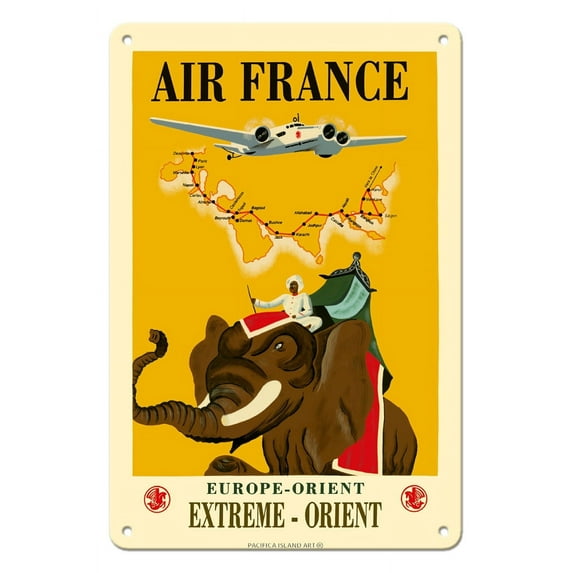 Europe - Orient - Extrême-Orient - France - Regal Elephant with Howdah (Carriage) - Vintage Airline Travel Poster by Ray Bret-Koch c.1938 - 8 x 12 inch Vintage Metal Tin Sign