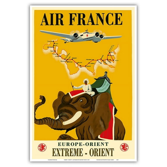 Europe - Orient - Extrême-Orient - France - Regal Elephant with Howdah (Carriage) - Vintage Airline Travel Poster by Ray Bret-Koch c.1938 - Master Art Print (Unframed) 13in x 19in