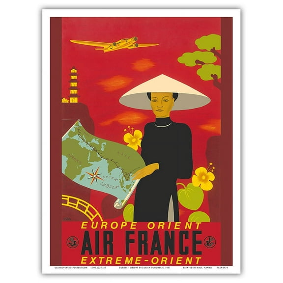 Europe - Orient - Extreme Orient - France - Vintage Airline Travel Poster by Lucien Boucher c. 1937 - Master Art Print (Unframed) 9in x 12in