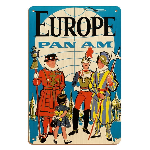 Europe - Pan American World Airways - British Yeomen of the Guard Pontifical Swiss Guard - Vintage Airline Travel Poster c.1950s - 8 x 12 inch Vintage Wood Art Sign