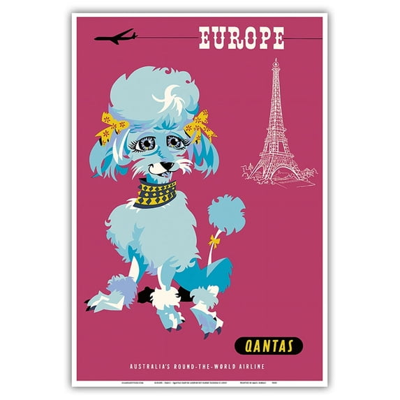 Europe - Paris - Qantas Empire Airways - Blue Poodle - Vintage Airline Travel Poster by Harry Rogers c.1950s - Master Art Print (Unframed) 13in x 19in