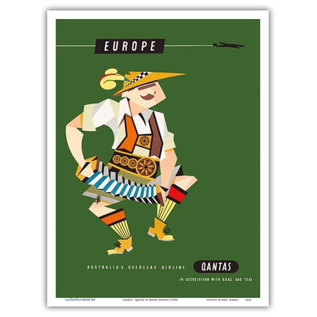 Europe - Qantas Empire Airways (QEA) - Bavarian Concertina Musician - Vintage Airline Travel Poster by Harry Rogers c.1950s - Master Art Print (Unframed) 9in x 12in