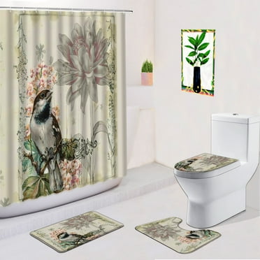 Europe Retro 4pc Shower Curtain Set Paris Tower Old Map Flowers Birds Print Bathroom Decor Fabric Bath Curtain Non-Slip Bath Mat